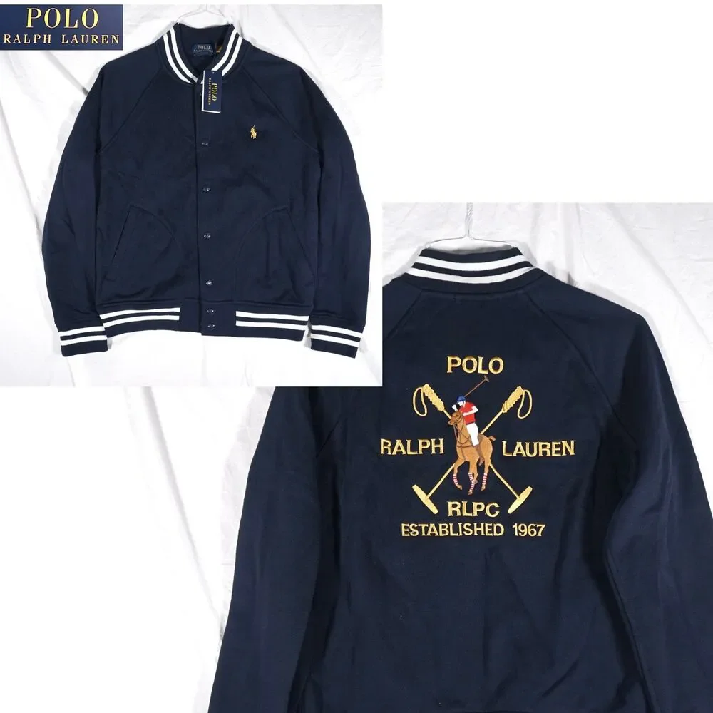 Polo Ralph Lauren Varsity Baseball Jacket Snap Button Navy Blue White Mens Small